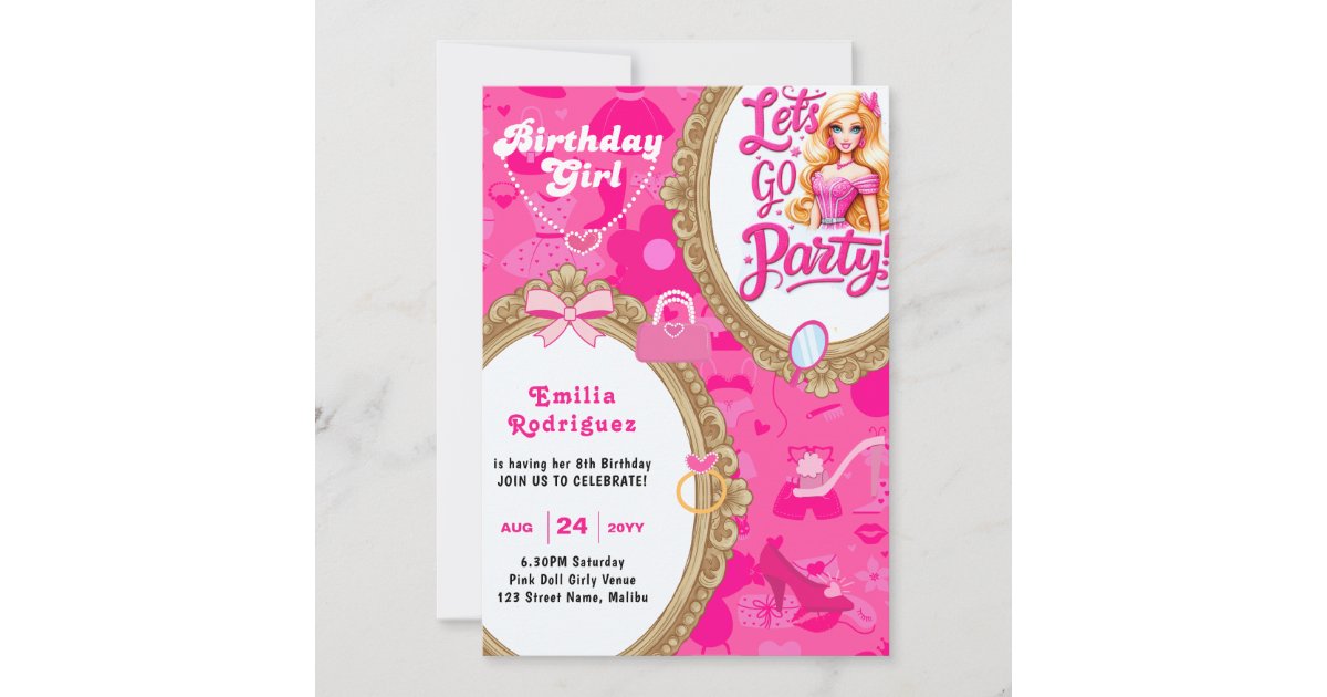 Girly Pink Retro Doll Let's Go Party Birthday Invitation | Zazzle