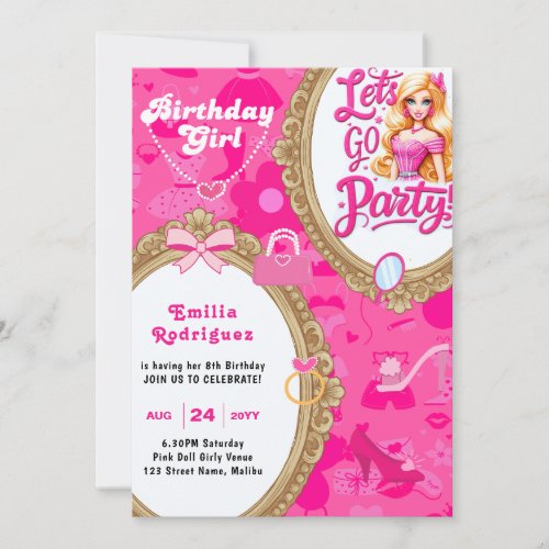 Girly Pink Retro Doll Lets Go Party Birthday Invitation