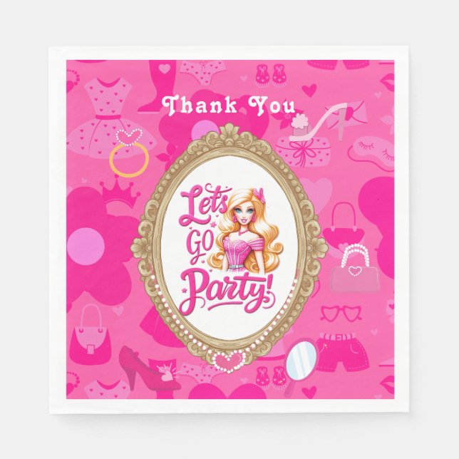 Girly Pink Retro Doll Let's Go Party Birthday Napkins (Front)