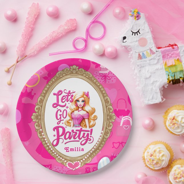 Girly Pink Retro Doll Let's Go Party Birthday Paper Plates (Party)