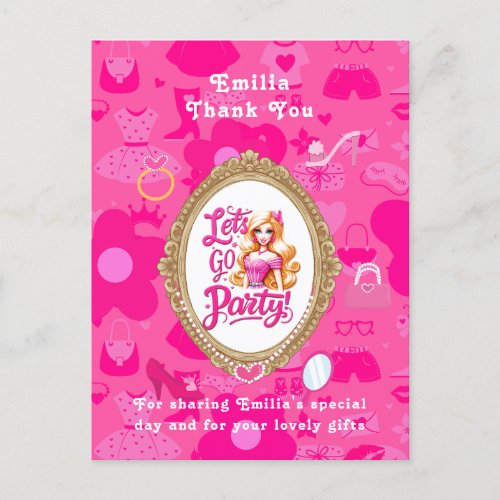 Girly Pink Retro Doll Lets Go Party Birthday Postcard