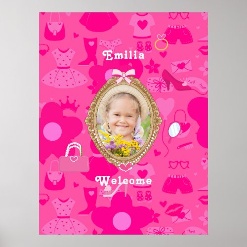 Girly Pink Retro Doll Lets Go Party Birthday Poster
