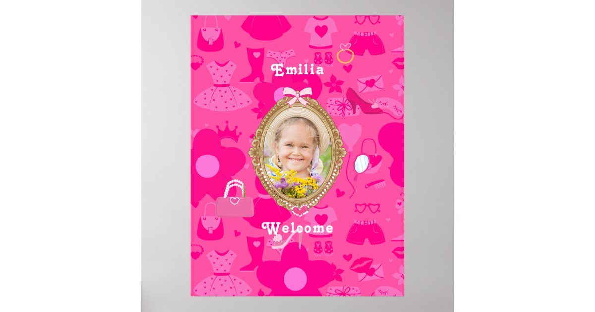 Girly Pink Retro Doll Let's Go Party Birthday Poster | Zazzle