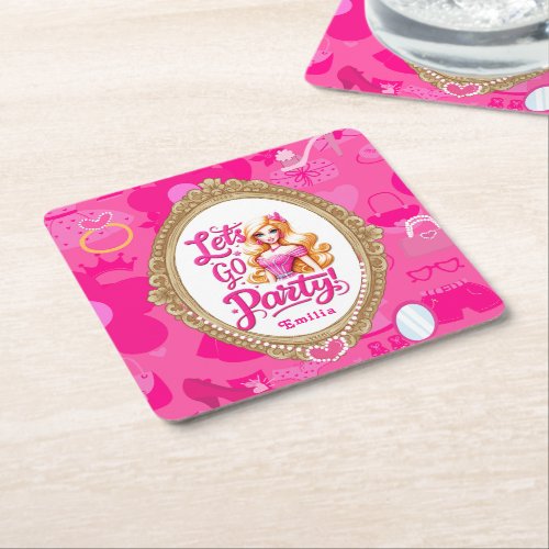 Girly Pink Retro Doll Lets Go Party Birthday Square Paper Coaster
