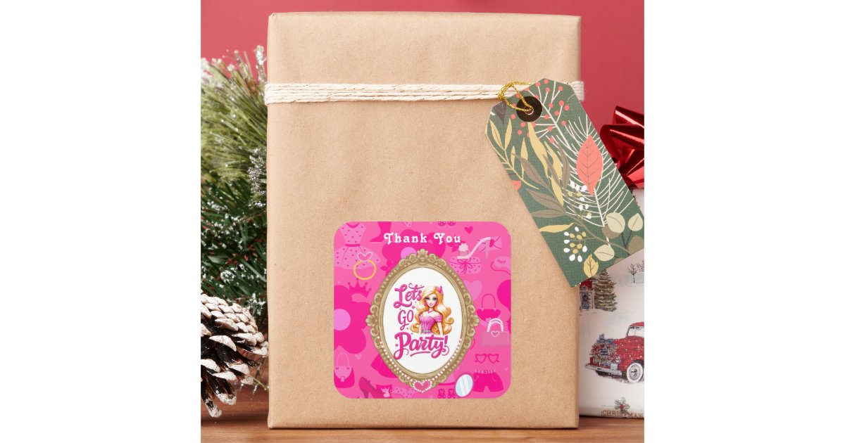 Girly Pink Retro Doll Let's Go Party Birthday Square Sticker | Zazzle