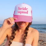 Girly Pink Retro Modern Bride Squad Bachelorette Trucker Hat<br><div class="desc">Fun,  flirty pink with simple vertical block lettering to give to each guest at the bachelorette party. Pretty keepsake favor for your favorite bride squad! Message me if you want something different than what you see here-happy to create something custom for you.</div>
