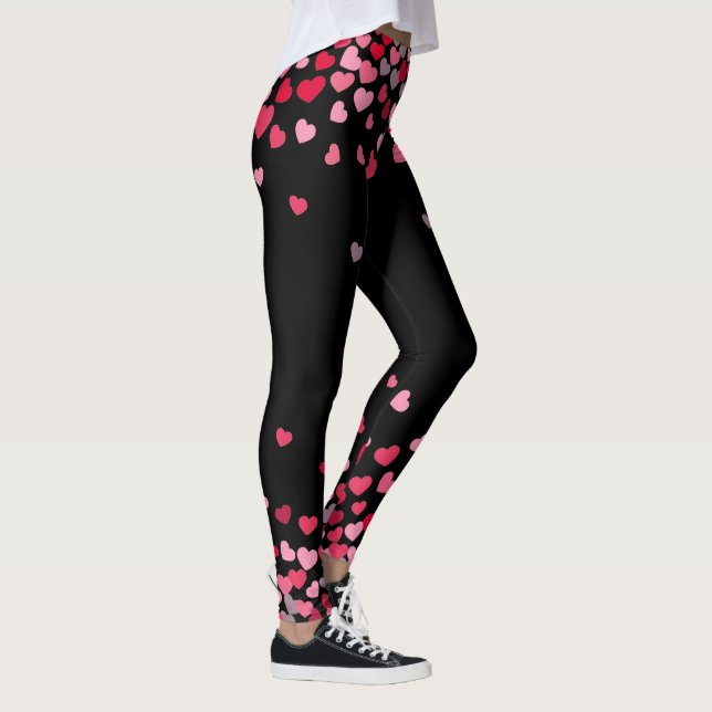 Girly Pink Romantic Love Hearts On Black Leggings (Right)