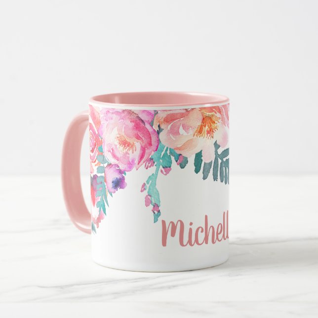 Girly Pink Rose Flowers Elegant Personalized Name  Mug (Front Left)