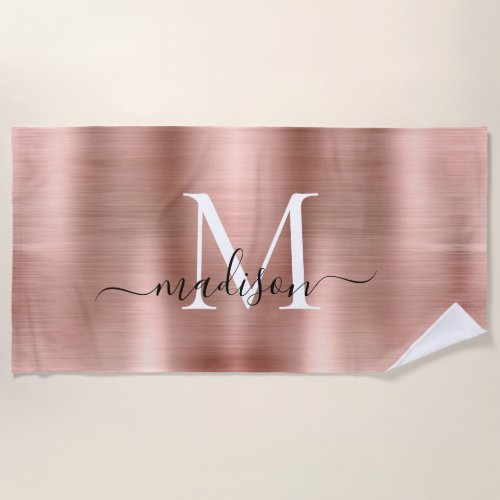 Girly Pink Rose Gold Brushed Metal Script Monogram Beach Towel