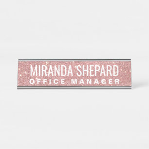 Girly Pink Rose Gold Chic Faux Glitter Pattern Desk Name Plate