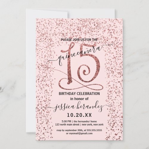 Girly Pink Rose Gold Confetti Border Quinceaera Invitation