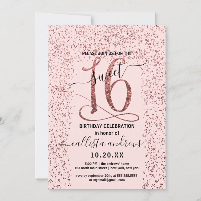 Girly Pink Rose Gold Confetti Border Sweet 16 Invitation (Front)