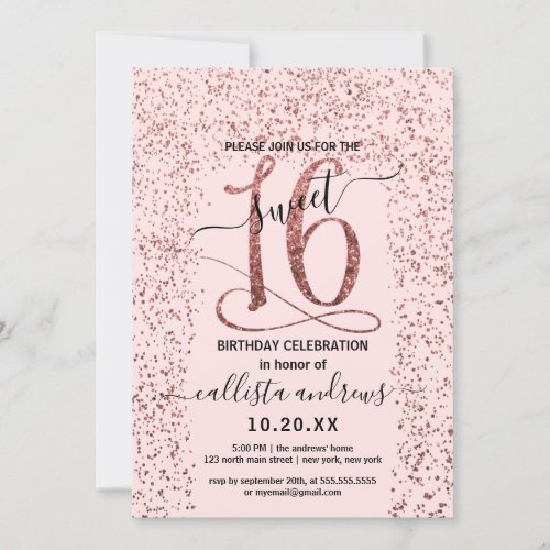 Girly Pink Rose Gold Confetti Border Sweet 16 Invitation