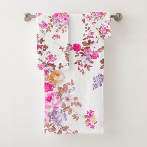 Girly pink rose gold country chic vintage floral b bath towel set