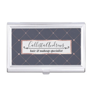 Girly Pink Rose Gold Diamond Navy Blue Geometric Business Card Case