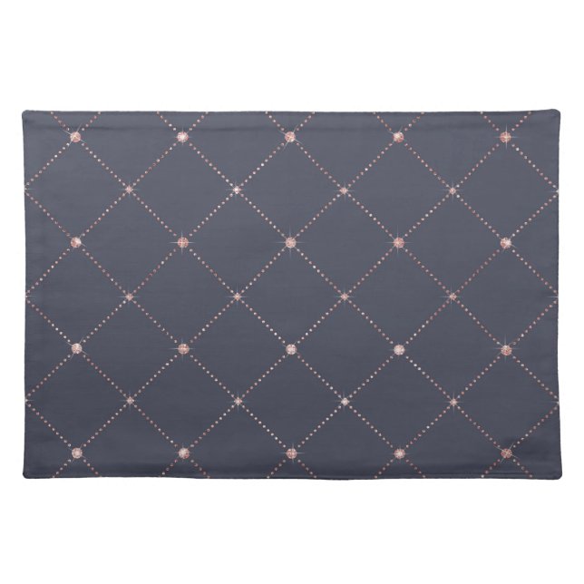 Girly Pink Rose Gold Diamond Navy Blue Geometric Cloth Placemat (Front)