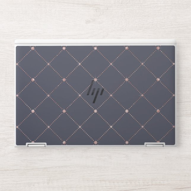 Girly Pink Rose Gold Diamond Navy Blue Geometric HP Laptop Skin (Front)