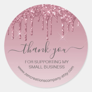 Girly Pink Rose Gold Dripping Faux Glitter Classic Round Sticker