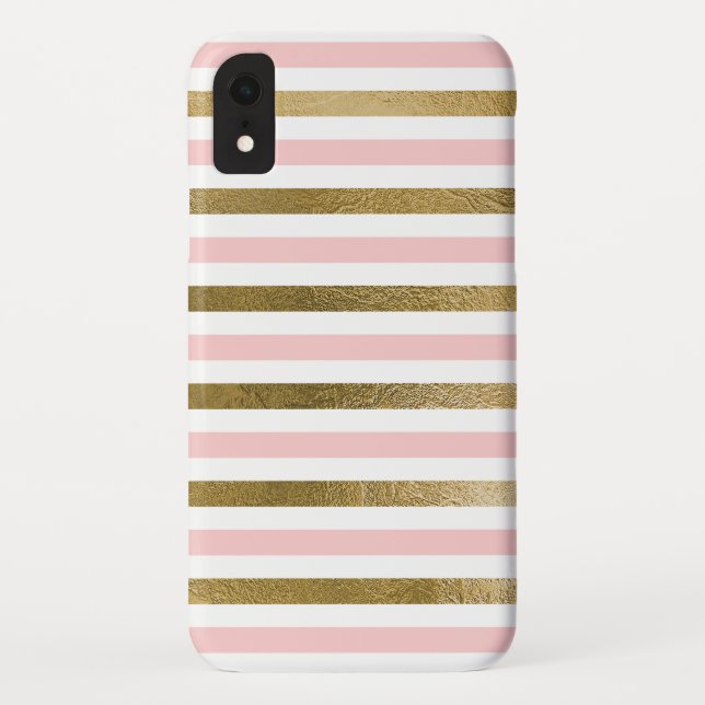 Girly Pink Rose Gold Foil and White Stripe Pattern Case-Mate iPhone Case (Back)