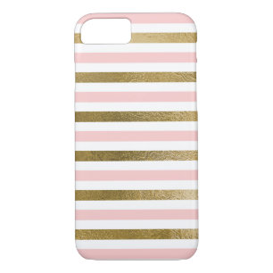 Girly Pink Rose Gold Foil and White Stripe Pattern iPhone 8/7 Case