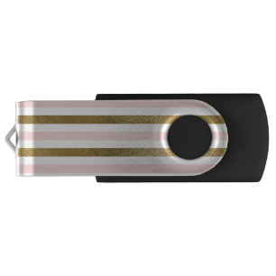 Girly Pink Rose Gold Foil and White Stripe Pattern Flash Drive