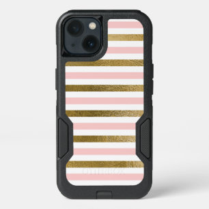 Girly Pink Rose Gold Foil and White Stripe Pattern iPhone 13 Case