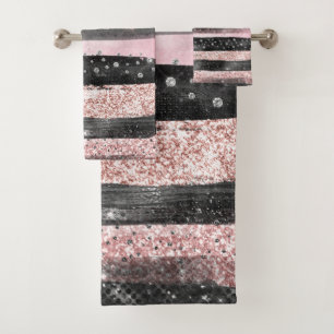 Girly Pink Rose Gold Glitter and Modern Black  Bath Towel Set