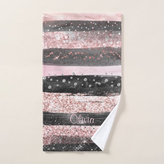 Girly Pink Rose Gold Glitter and Modern Black Hand Towel (Hand Towel)