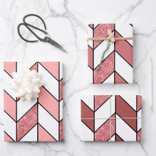 Girly Pink Rose Gold Glitter Herringbone Chevron Wrapping Paper Sheets