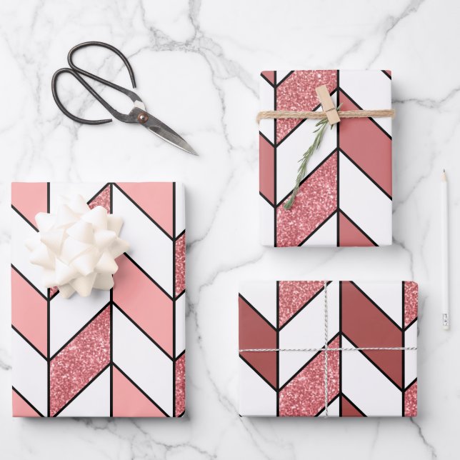 Girly Pink Rose Gold Glitter Herringbone Chevron Wrapping Paper Sheets (Front)