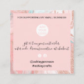 Girly pink rose gold glitter marble chic thank you square business card (Back)