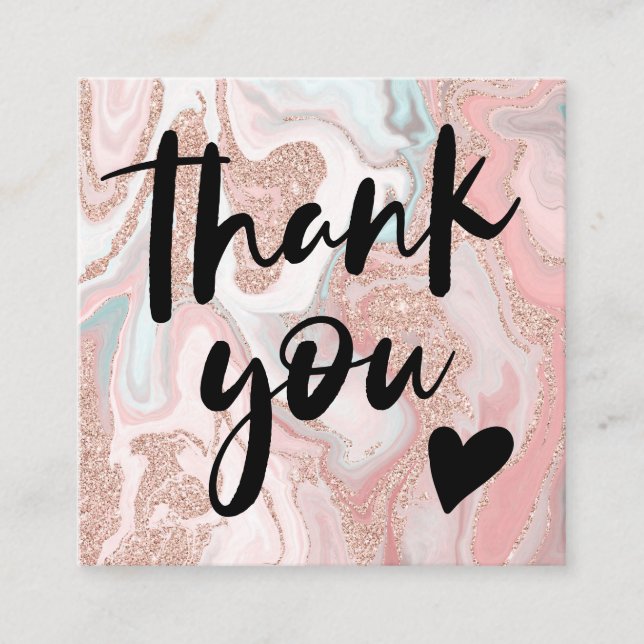 Girly pink rose gold glitter marble chic thank you square business card (Front)