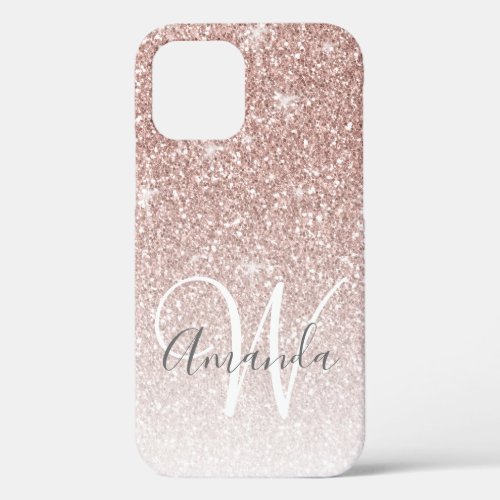 Girly Pink Rose Gold Glitter Monogram Name iPhone 12 Pro Case