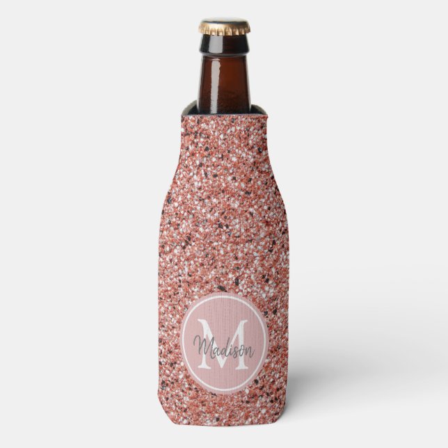 Girly Pink Rose Gold Glitter Monogram Personalized Bottle Cooler (Bottle Front)