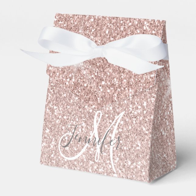 Girly Pink Rose Gold Glitter Name Monogram Favor Boxes (Front Side)