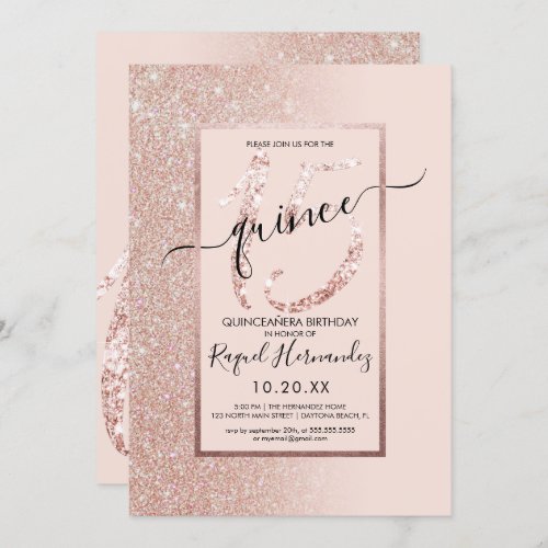 Girly Pink Rose Gold Glitter Ombre Quinceanera Invitation