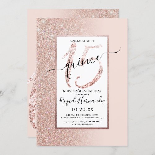 Girly Pink Rose Gold Glitter Ombre Quinceanera Invitation