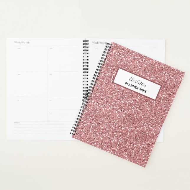Girly Pink Rose Gold Glitter Personalized Name Planner (Display)
