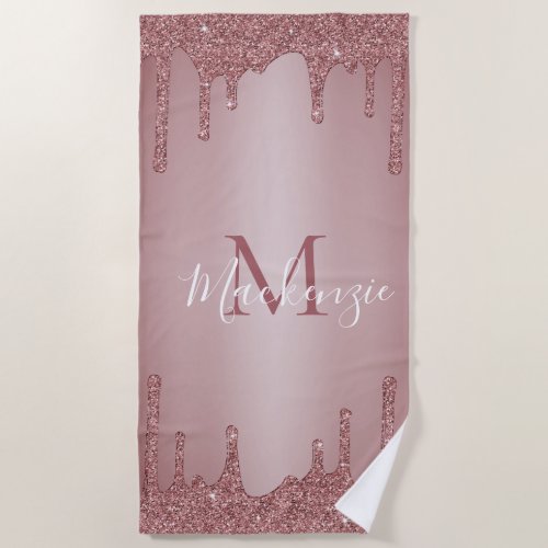 Girly Pink Rose Gold Glitter Sparkle Drips Beach Towel