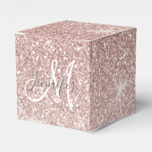 Girly Pink Rose Gold Glitter Sparkles Monogram Favor Boxes (Front Side)