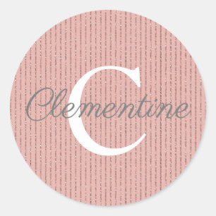Girly Pink Rose Gold Glitter Stripes Monogram Classic Round Sticker