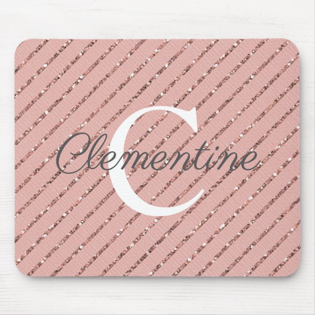 Girly Pink Rose Gold Glitter Stripes Monogram Mouse Pad (Front)