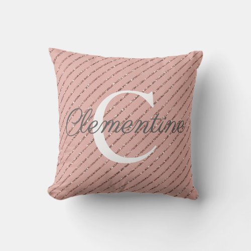 Girly Pink Rose Gold Glitter Stripes Monogram Throw Pillow