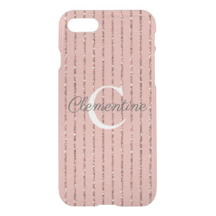 Girly Pink Rose Gold Glitter Stripes Monogram iPhone SE/8/7 Case