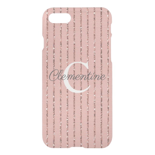 Girly Pink Rose Gold Glitter Stripes Monogram Uncommon iPhone Case (Back)