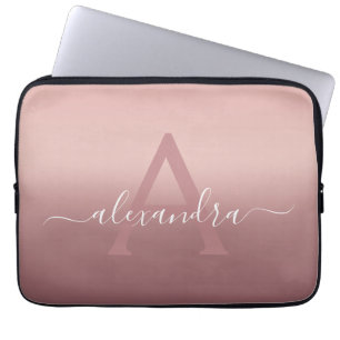 Girly Pink Rose Gold Mongram Ombre Gradient Laptop Sleeve