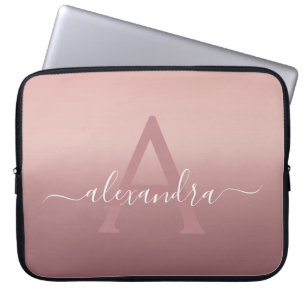 Girly Pink Rose Gold Mongram Ombre Gradient Laptop Sleeve