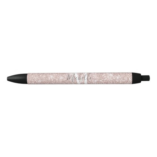Girly Pink Rose Gold Monogram Glam Glitter Sparkle Black Ink Pen