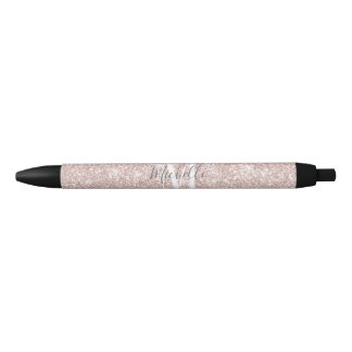 Girly Pink Rose Gold Monogram Glam Glitter Sparkle Pen