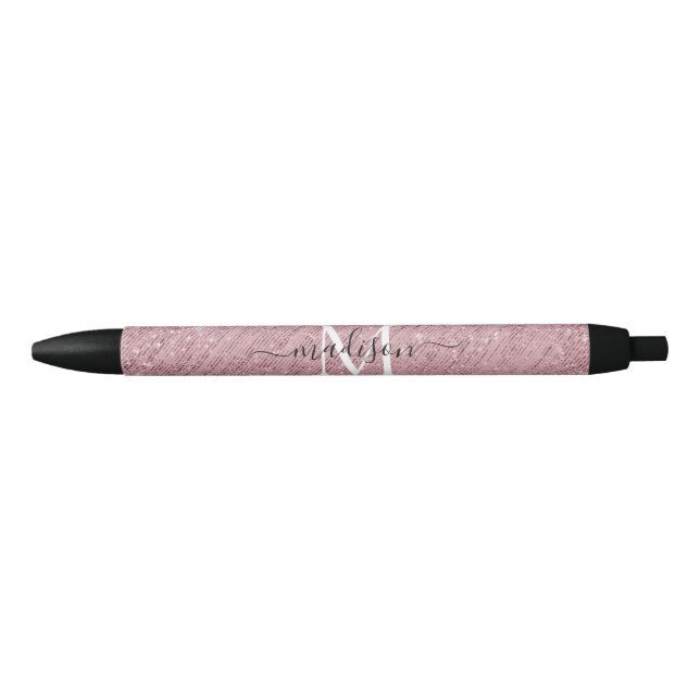 Girly Pink Rose Gold Monogram Glam Glitter Sparkle Pen (Front)
